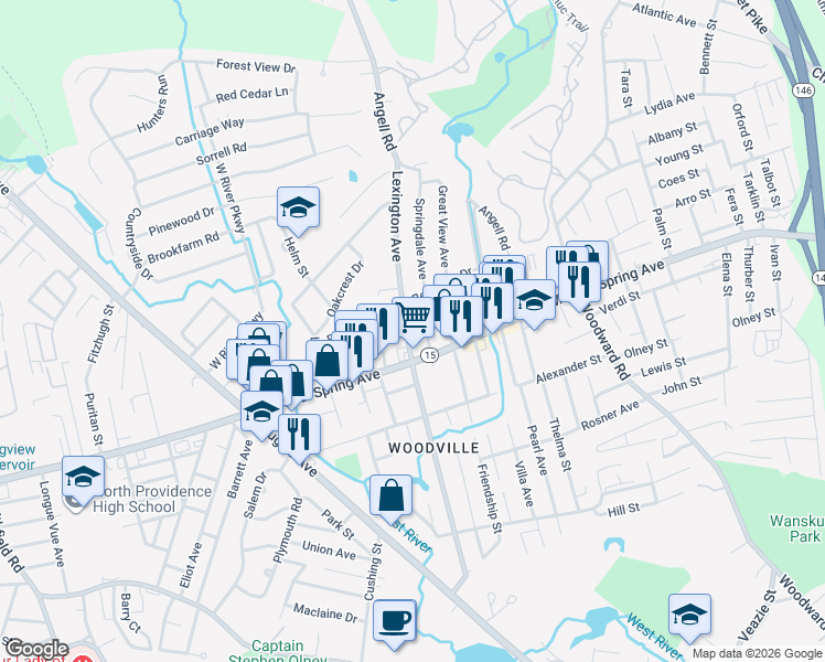 map of restaurants, bars, coffee shops, grocery stores, and more near 1541 Mineral Spring Avenue in North Providence