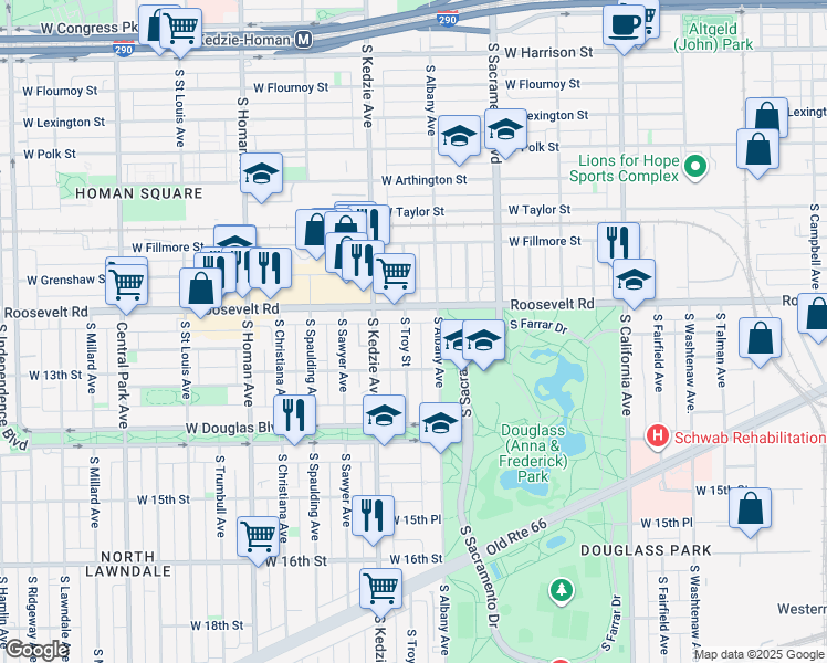 map of restaurants, bars, coffee shops, grocery stores, and more near 1246 South Albany Avenue in Chicago