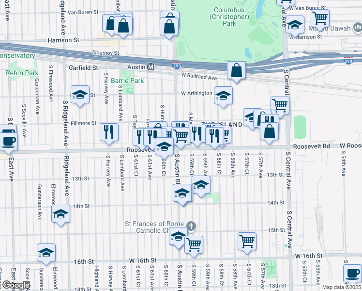 map of restaurants, bars, coffee shops, grocery stores, and more near 1167 South Austin Boulevard in Cicero
