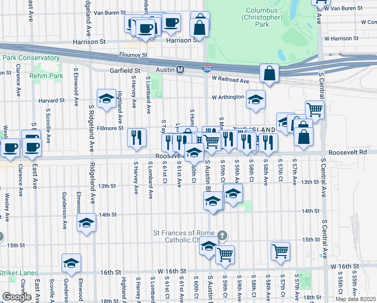 map of restaurants, bars, coffee shops, grocery stores, and more near 6027 West Roosevelt Road in Cicero
