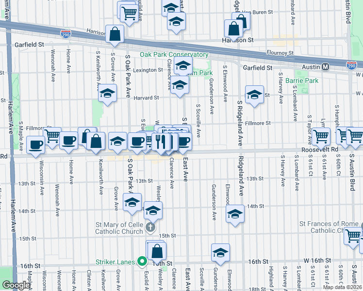 map of restaurants, bars, coffee shops, grocery stores, and more near 6601 12th Street in Oak Park