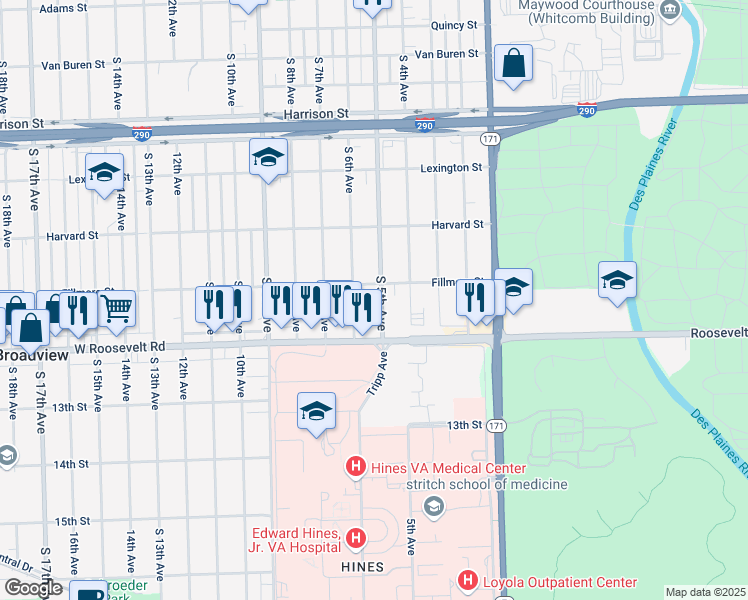 map of restaurants, bars, coffee shops, grocery stores, and more near 2126 South 5th Avenue in Maywood