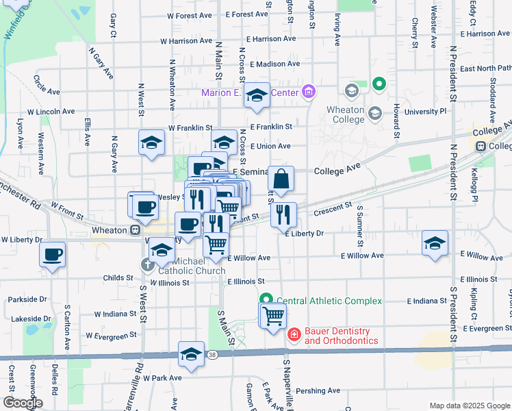 map of restaurants, bars, coffee shops, grocery stores, and more near 195 Reber Street in Wheaton