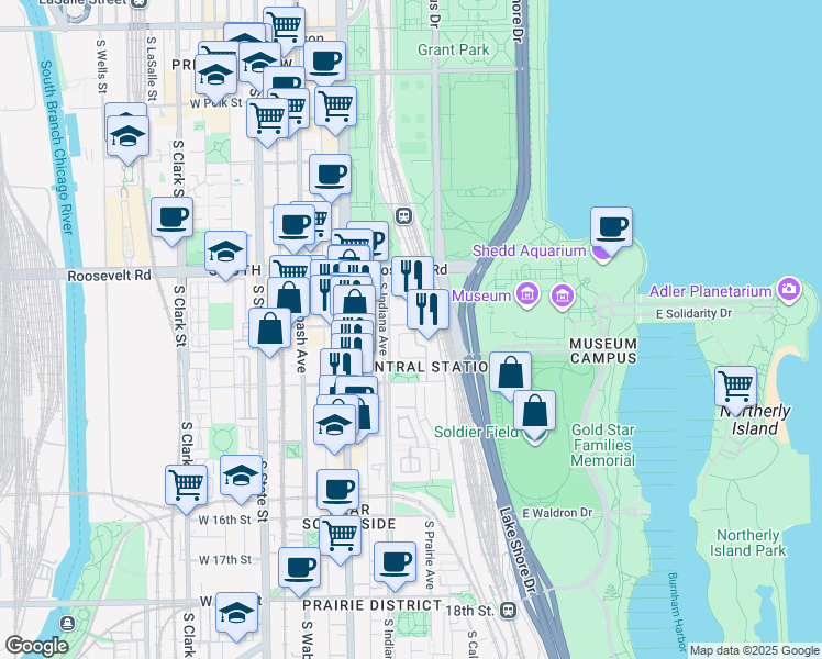 map of restaurants, bars, coffee shops, grocery stores, and more near 1335 South Prairie Avenue in Chicago