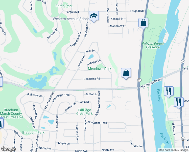 map of restaurants, bars, coffee shops, grocery stores, and more near 735 Considine Road in Geneva
