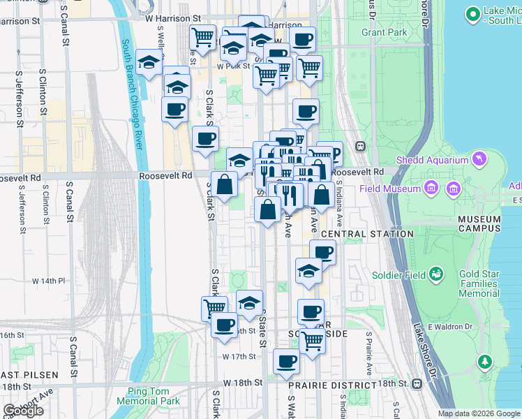 map of restaurants, bars, coffee shops, grocery stores, and more near South State Street & East 13th Street in Chicago