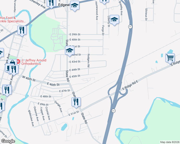 map of restaurants, bars, coffee shops, grocery stores, and more near 2042 East 45th Street in Ashtabula
