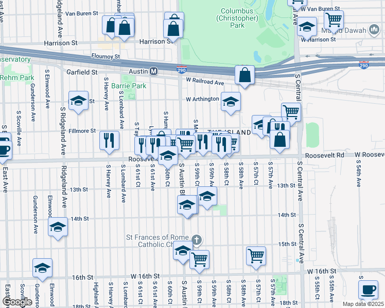 map of restaurants, bars, coffee shops, grocery stores, and more near 1167 South Austin Boulevard in Cicero