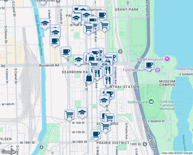map of restaurants, bars, coffee shops, grocery stores, and more near S Wabash Ave & E 13th St in Chicago