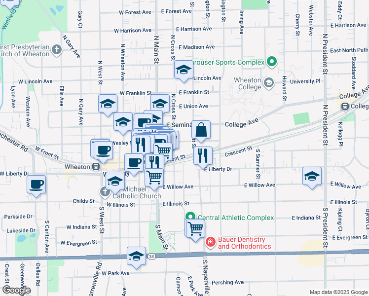 map of restaurants, bars, coffee shops, grocery stores, and more near 121 North Cross Street in Wheaton