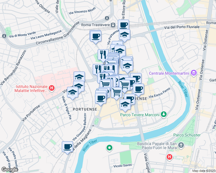 map of restaurants, bars, coffee shops, grocery stores, and more near 69 Via Giuseppe Veronese in Roma