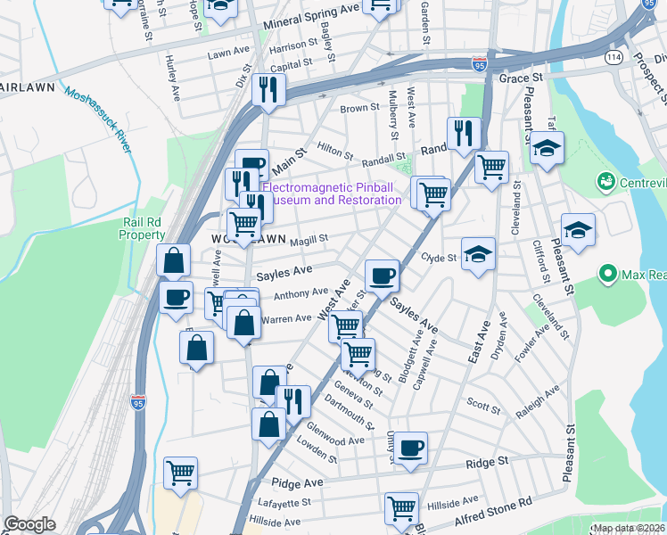 map of restaurants, bars, coffee shops, grocery stores, and more near 64 Magill Street in Pawtucket
