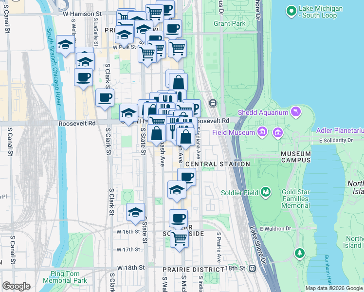 map of restaurants, bars, coffee shops, grocery stores, and more near S Michigan Ave & E 13th St in Chicago