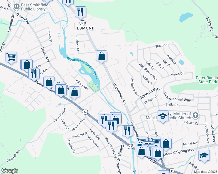 map of restaurants, bars, coffee shops, grocery stores, and more near 22 Oakleigh Avenue in North Providence