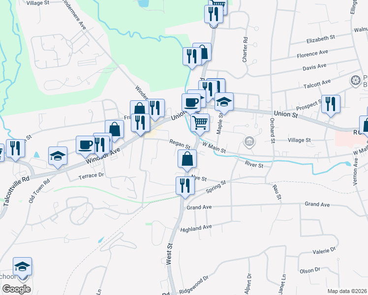 map of restaurants, bars, coffee shops, grocery stores, and more near 19 Regan Street in Vernon