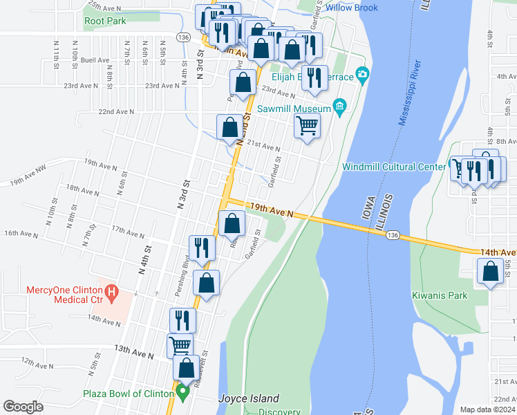 map of restaurants, bars, coffee shops, grocery stores, and more near 1 19th Avenue North in Clinton