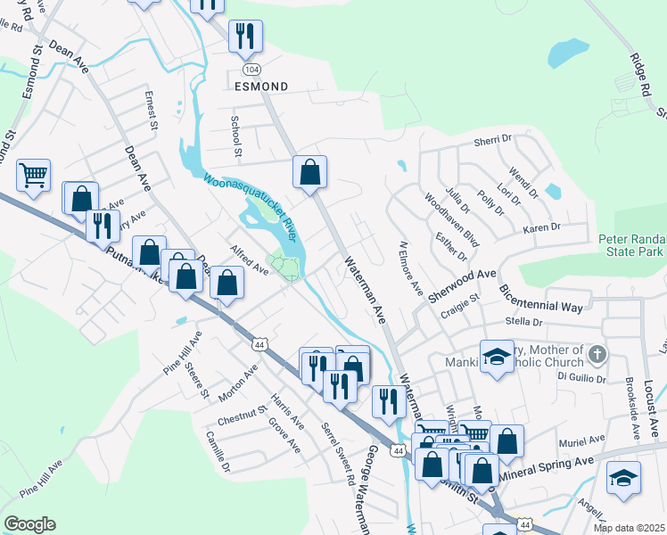 map of restaurants, bars, coffee shops, grocery stores, and more near 20 Oakleigh Avenue in North Providence
