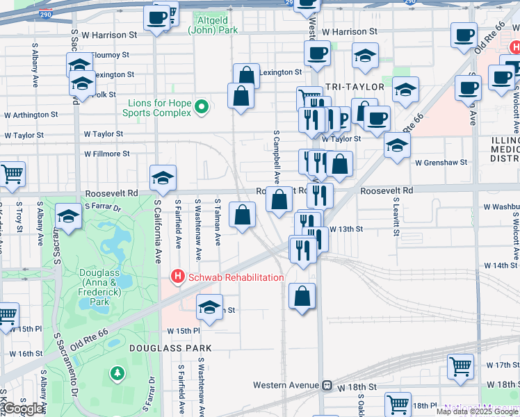 map of restaurants, bars, coffee shops, grocery stores, and more near 2605 Roosevelt Road in Chicago
