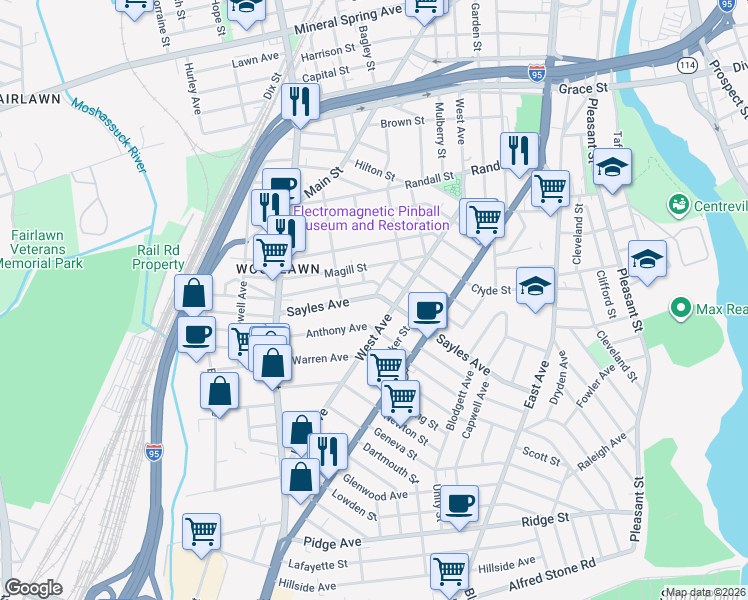 map of restaurants, bars, coffee shops, grocery stores, and more near 64 Magill Street in Pawtucket