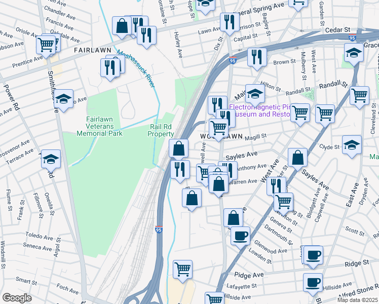 map of restaurants, bars, coffee shops, grocery stores, and more near 157 Sherman Street in Pawtucket