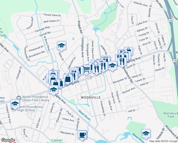 map of restaurants, bars, coffee shops, grocery stores, and more near 1 Benjamin Drive in North Providence