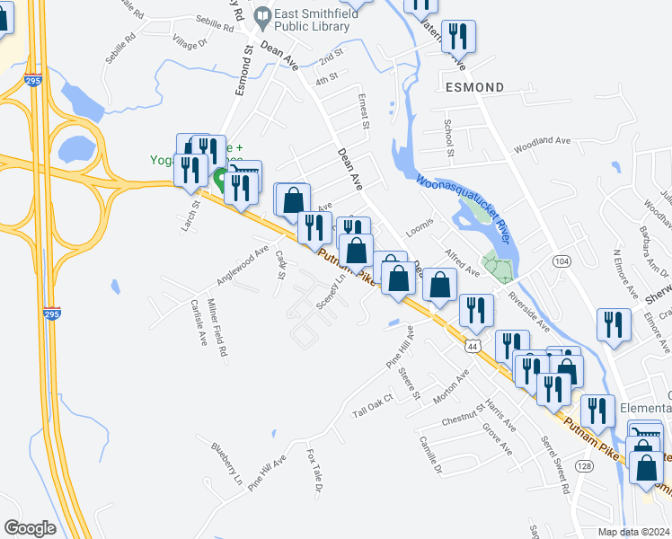map of restaurants, bars, coffee shops, grocery stores, and more near 181 Putnam Pike in Johnston