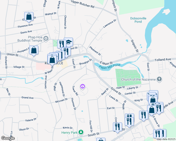 map of restaurants, bars, coffee shops, grocery stores, and more near 23 Brooklyn Street in Vernon