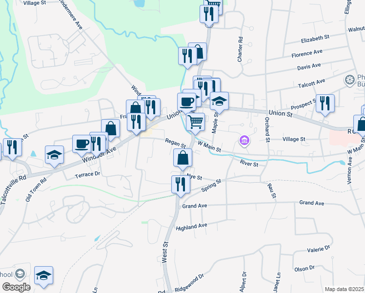 map of restaurants, bars, coffee shops, grocery stores, and more near 240 West Main Street in Vernon