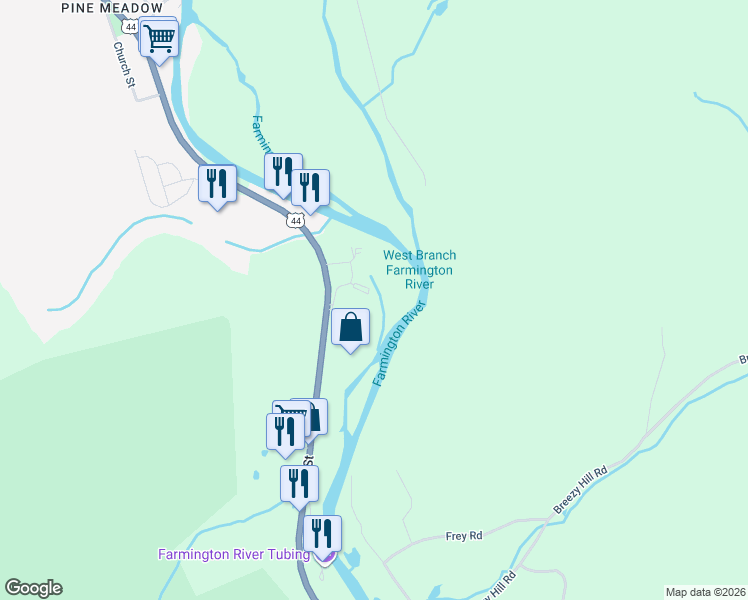 map of restaurants, bars, coffee shops, grocery stores, and more near 67-281 Farmington River Turnpike in New Hartford