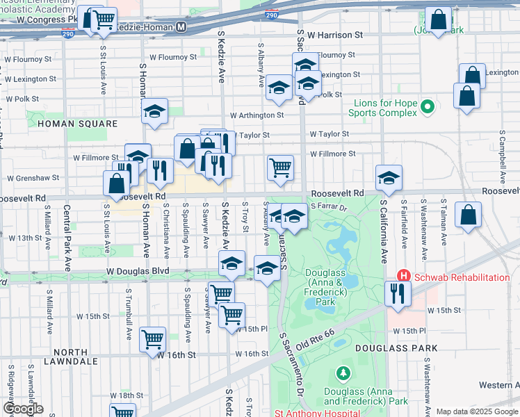 map of restaurants, bars, coffee shops, grocery stores, and more near 3104 West Roosevelt Road in Chicago