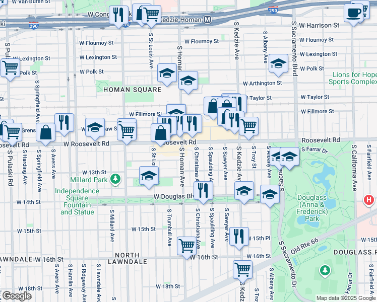 map of restaurants, bars, coffee shops, grocery stores, and more near 3332 Roosevelt Road in Chicago