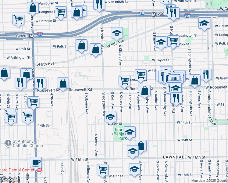 map of restaurants, bars, coffee shops, grocery stores, and more near 4326 Roosevelt Road in Chicago