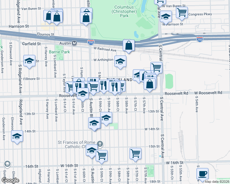 map of restaurants, bars, coffee shops, grocery stores, and more near 1126 South Monitor Avenue in Chicago