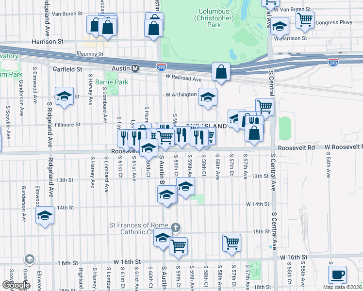 map of restaurants, bars, coffee shops, grocery stores, and more near 1125 South Mason Avenue in Chicago