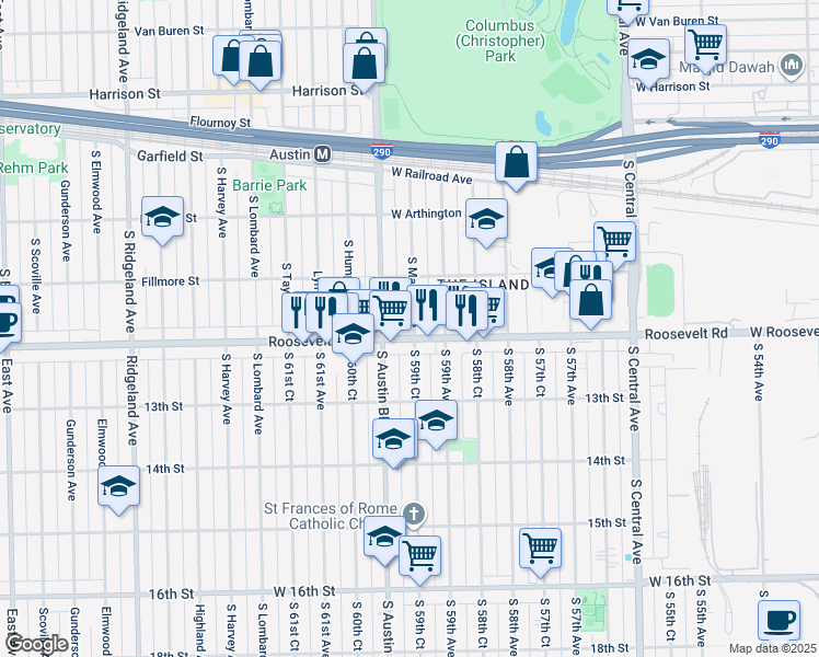 map of restaurants, bars, coffee shops, grocery stores, and more near 1125 South Mason Avenue in Chicago