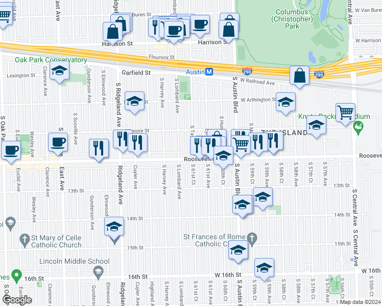 map of restaurants, bars, coffee shops, grocery stores, and more near 1166 South Lombard Avenue in Oak Park