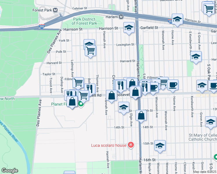 map of restaurants, bars, coffee shops, grocery stores, and more near 1103 Circle Avenue in Forest Park
