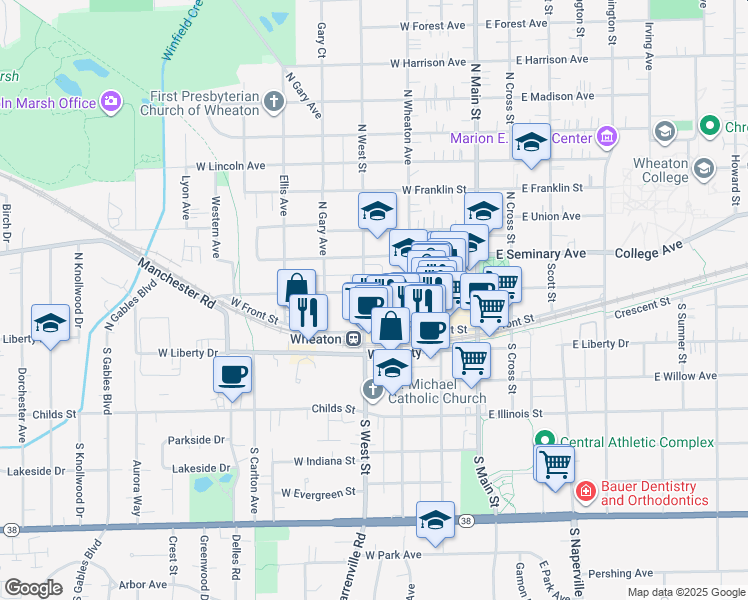 map of restaurants, bars, coffee shops, grocery stores, and more near 207 North West Street in Wheaton