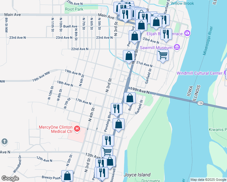 map of restaurants, bars, coffee shops, grocery stores, and more near 1801-1899 North 3rd Street in Clinton