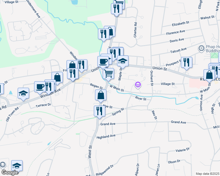 map of restaurants, bars, coffee shops, grocery stores, and more near 240 West Main Street in Vernon