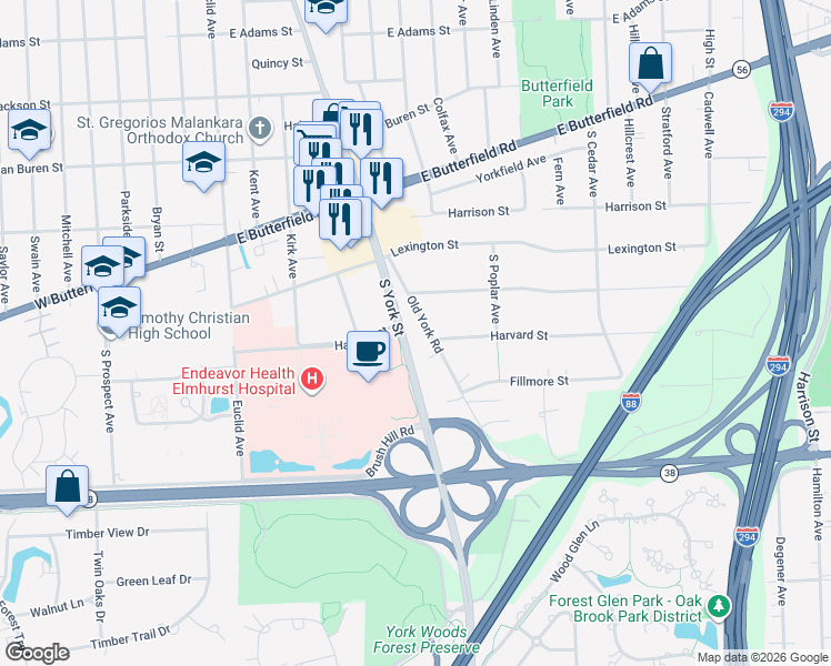 map of restaurants, bars, coffee shops, grocery stores, and more near 0s600 Old York Road in Elmhurst