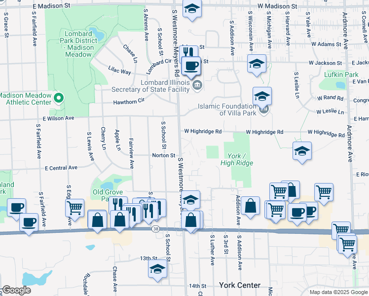 map of restaurants, bars, coffee shops, grocery stores, and more near 1049 South Westmore Avenue in Lombard