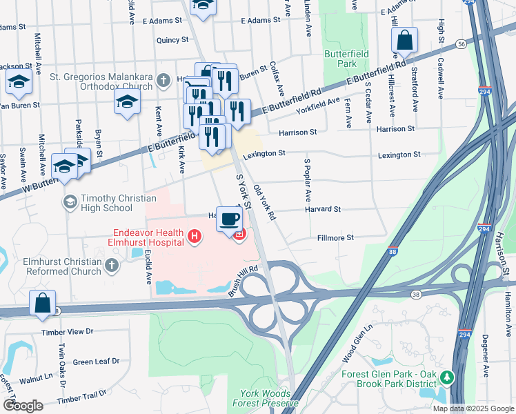 map of restaurants, bars, coffee shops, grocery stores, and more near S537 Old York Road in Elmhurst