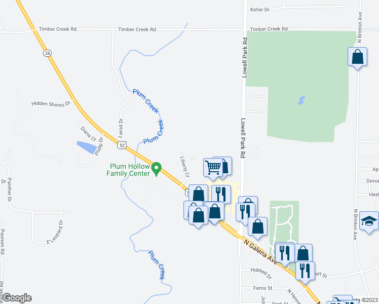 map of restaurants, bars, coffee shops, grocery stores, and more near 124 Liberty Court in Dixon