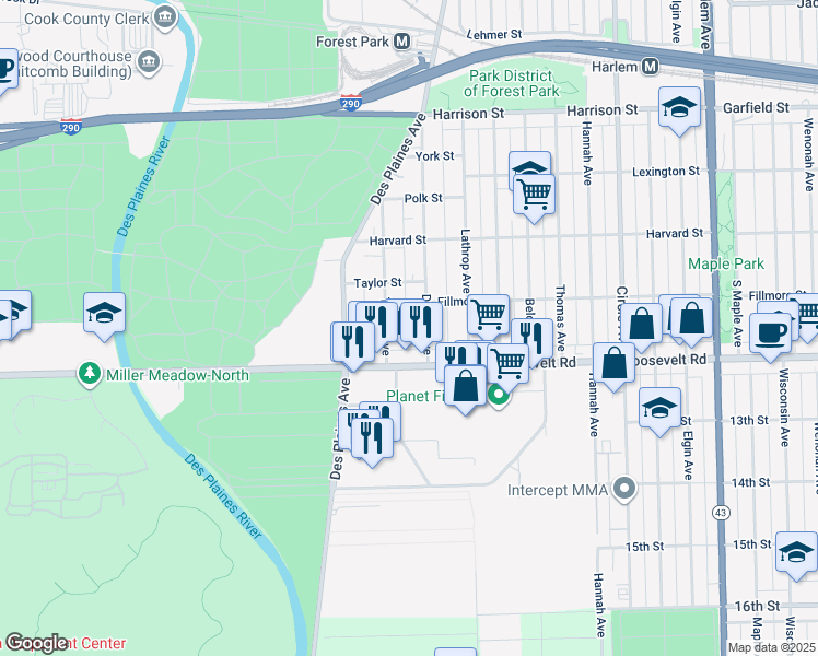 map of restaurants, bars, coffee shops, grocery stores, and more near 7648 Yuba Street in Forest Park