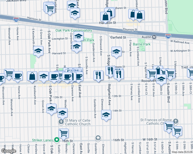 map of restaurants, bars, coffee shops, grocery stores, and more near 1164 Gunderson Avenue in Oak Park