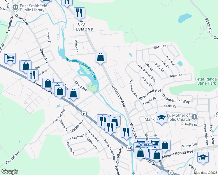 map of restaurants, bars, coffee shops, grocery stores, and more near 14 Oakleigh Avenue in North Providence