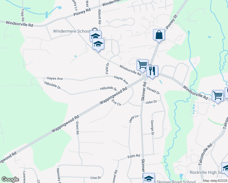 map of restaurants, bars, coffee shops, grocery stores, and more near 3 Hillsdale Drive in Ellington