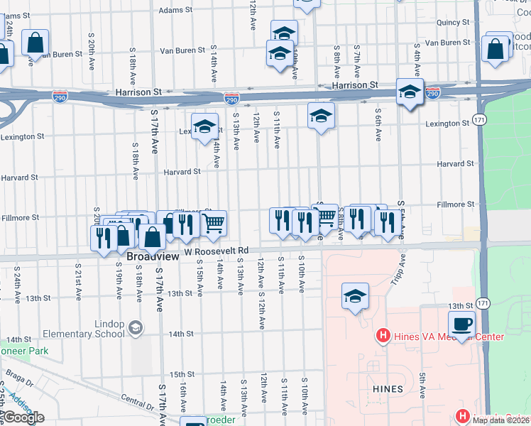 map of restaurants, bars, coffee shops, grocery stores, and more near 2030 South 11th Avenue in Maywood