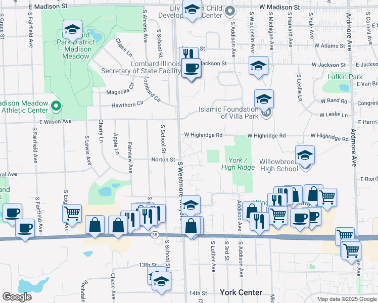 map of restaurants, bars, coffee shops, grocery stores, and more near 1049 South Westmore-Meyers Road in Lombard